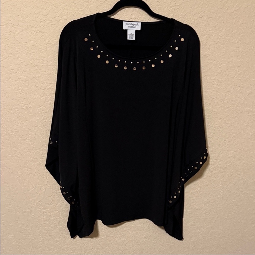 Peck & Peck Black Studded Scoop Neck Top 2X